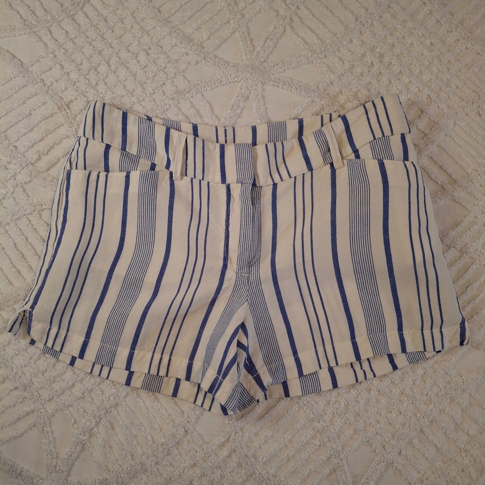 LOFT‎ Womens 2 Riviera Shorts Blue White Striped Linen Blend Nautical Mid Rise